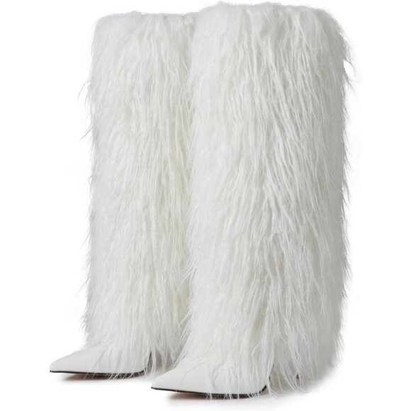 Women's B-White Fur Knee High Heels Wide Calf Fold Over Fashion Boots Shoes - Picture 4 of 6
